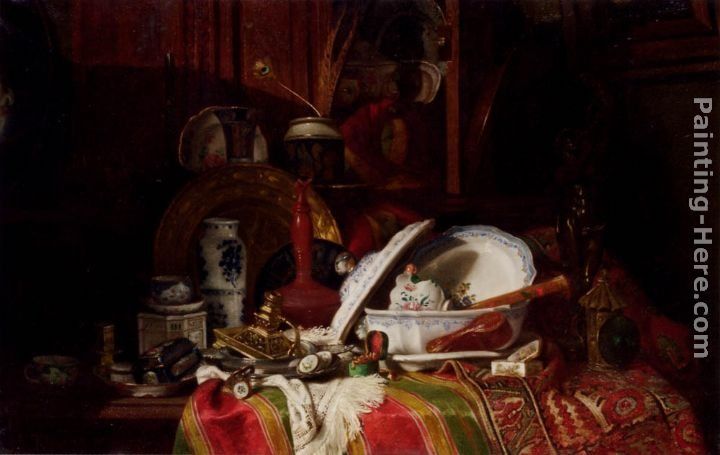 Gustave Jean Jacquet Still Life with Dishes, a Vase, a Candlestick and other Objects on a Draped Table